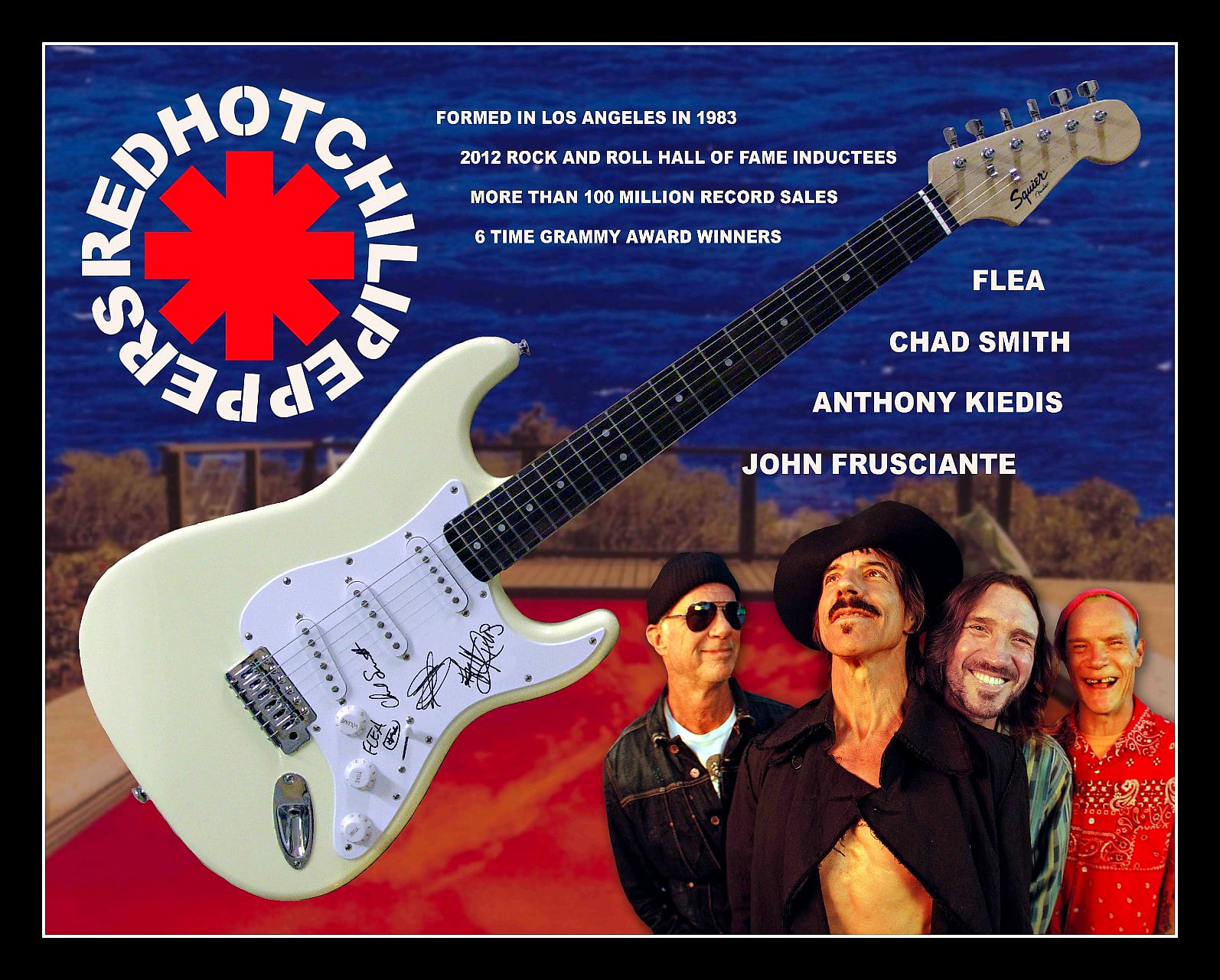 A guitar signed by the whole band