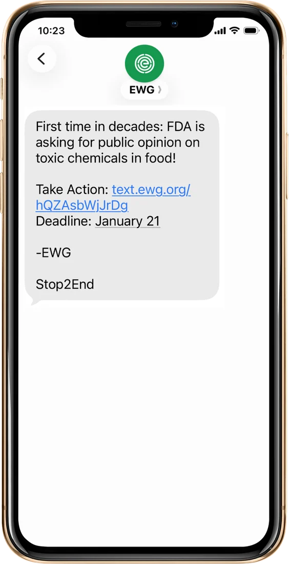 EWG advocacy text: "First time in decades: FDA is asking for public opinion on toxic chemicals in food!" with a take-action link and a January 21 deadline