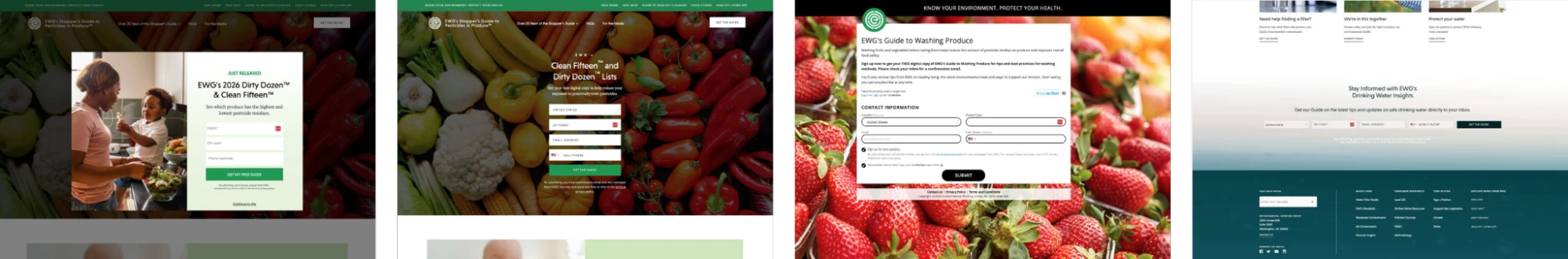 Four EWG sign-up surfaces side by side — a Dirty Dozen pop-up, the Clean Fifteen sign-up page, the Guide to Washing Produce form, and the site footer embed — each with an optional phone field