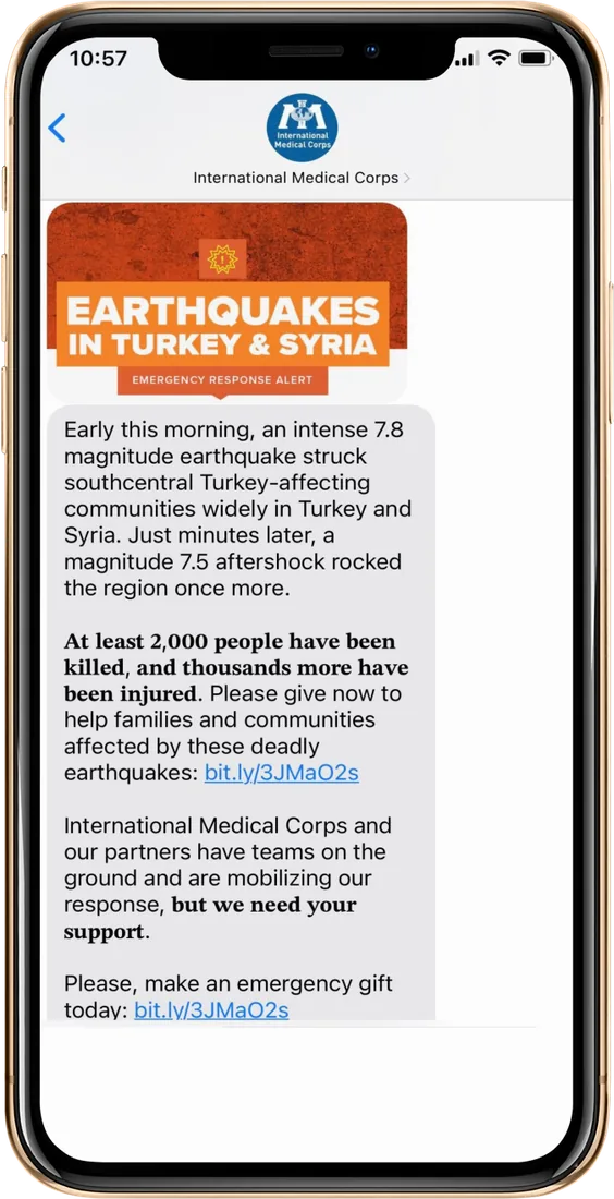 Emergency response alert text from International Medical Corps about the 7.8 magnitude earthquake in Turkey and Syria, reporting at least 2,000 killed and asking for an emergency gift.
