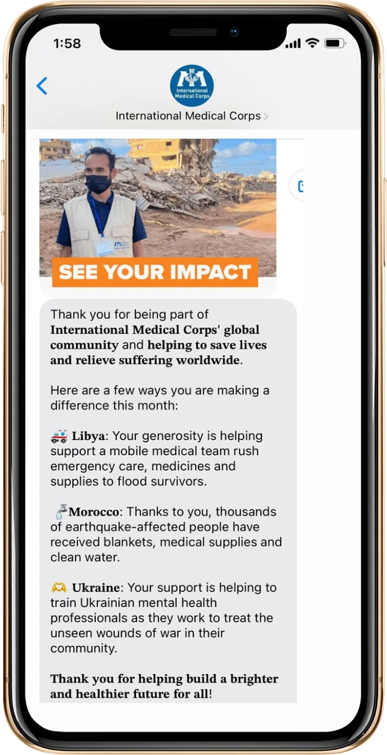 See Your Impact text message from International Medical Corps thanking supporters and describing work in Libya, Morocco and Ukraine.