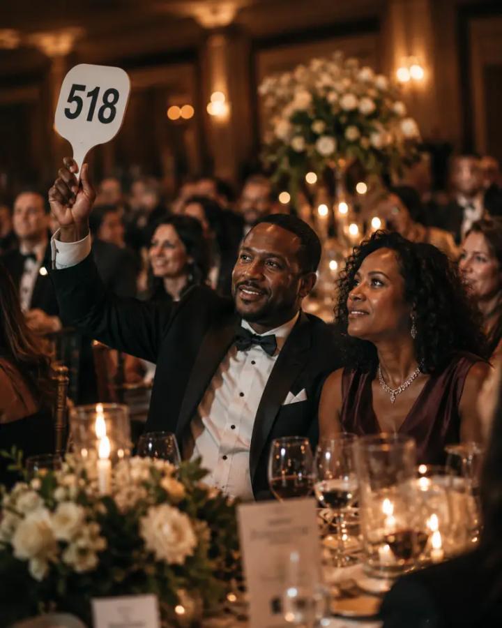 A fundraising gala: one guest holds a numbered bidding paddle above a candlelit room of seated guests who are not bidding.