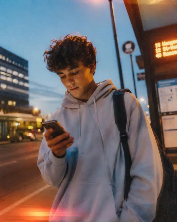 A young man walks a city street at dusk, reading his phone.