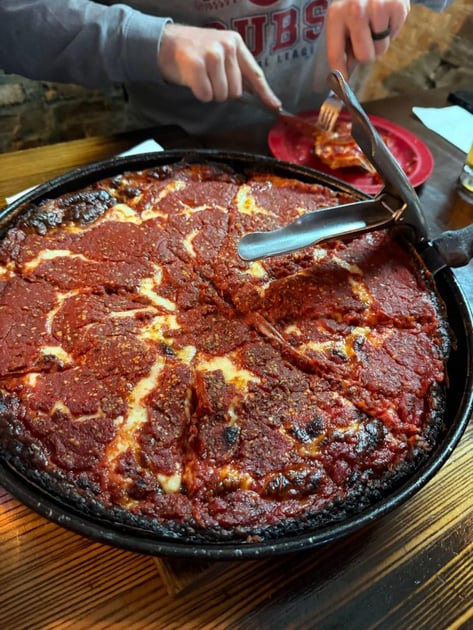 Sharing a Chicago deep-dish pizza