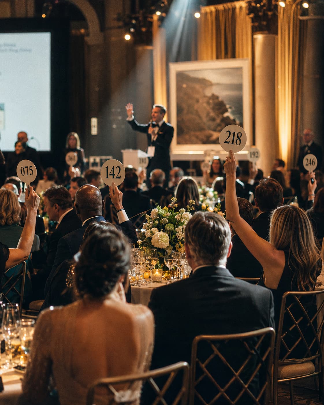 A ballroom of gala guests raising numbered bid paddles as an emcee calls the room from the stage