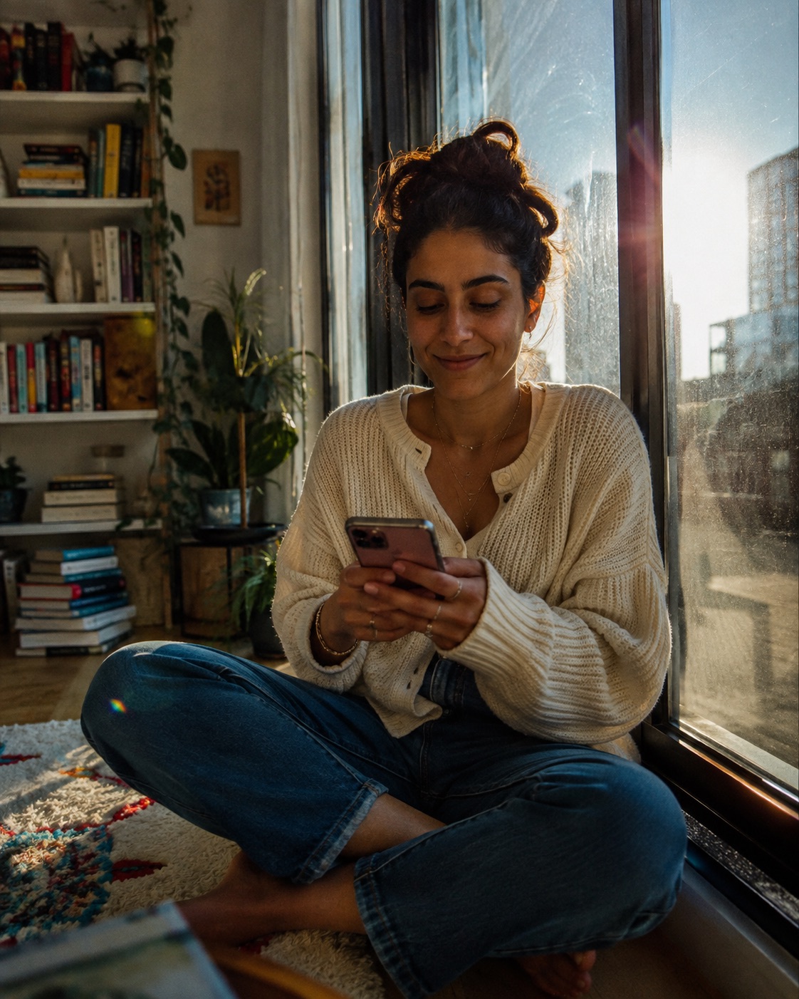 A supporter reading a fundraising text message on her phone