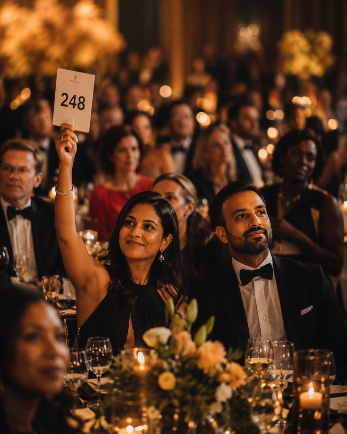 Guest raising a bidding paddle during a fundraising auction